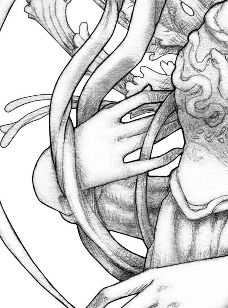 May include: A black and white pencil drawing of a person's hand reaching out from a tangle of vines.