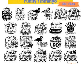 Paquete de divertidos archivos SVG de flamencos / Más de 30 frases veraniegas para la playa (Descarga digital)