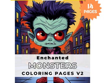 May include: A digital coloring book cover titled Enchanted MONSTERS COLORING PAGES V2 by AYD DIGITAL ARTS. It features a cartoon monster with spiky dark hair, green skin, and large red eyes standing on a city street. An orange starburst indicates 14 PAGES.