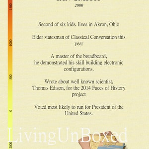 May include: A yellow background with a timeline on the left side and text on the right side. The text reads "IAN SMITH 2000" and describes the person's life and accomplishments. The text also includes the phrase "Living Unboxed Classically Educated".