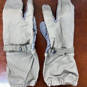 Vintage Military Trigger Finger Mittens Canvas & Leather Shell with Wool Lining, S/M in size