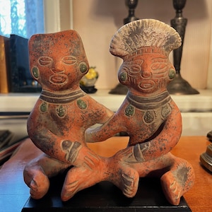 Vintage Mexican Terracotta Figurine: Aztec Inca Couple, Tribal Decor