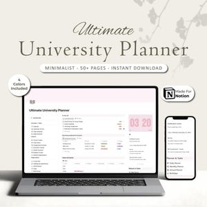 May include: A laptop and smartphone showing a digital university planner interface. The laptop screen displays a detailed to-do list and schedule. The smartphone shows a notification centre. The text on the screen reads "Ultimate University Planner".