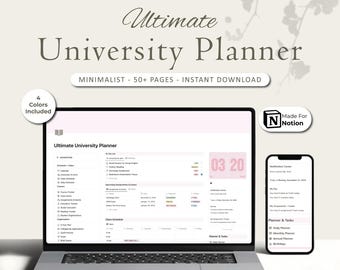 May include: A laptop and smartphone displaying a digital university planner interface. The laptop screen shows a detailed to-do list and schedule. The smartphone displays a notification center. The text on the screen reads "Ultimate University Planner".