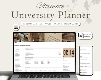 Op de afbeelding: Een laptopcomputer die een Notion-pagina weergeeft met de titel "Ultimate University Planner". De pagina is minimalistisch ontworpen met een kalender, een takenlijst en een rooster. De laptop staat op een lichtbruin oppervlak met een citaat over angst en dromen. Een smartphone die een Notion-pagina weergeeft met de titel "Planner & Tasks" bevindt zich in de rechterbenedenhoek van de afbeelding. De tekst "Made For Notion" bevindt zich in de rechterbovenhoek van de afbeelding.