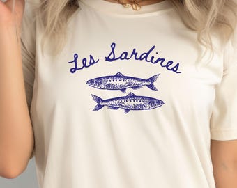 Les Sardines Tshirt, Anchovy Sardine Shirt, Cute Mariner Gift, Ocean Fish Shirt, Tinned Fish, Vintage Style Look Top, Nautical Print Shirt