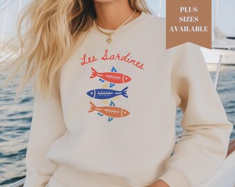 Colorful Sardine Sweatshirt, Les Sardines Shirt, Cute Mariner Print, Fish Tin Nautical Shirt, Trending Shirt, Vintage Artful Sea Side Shirt