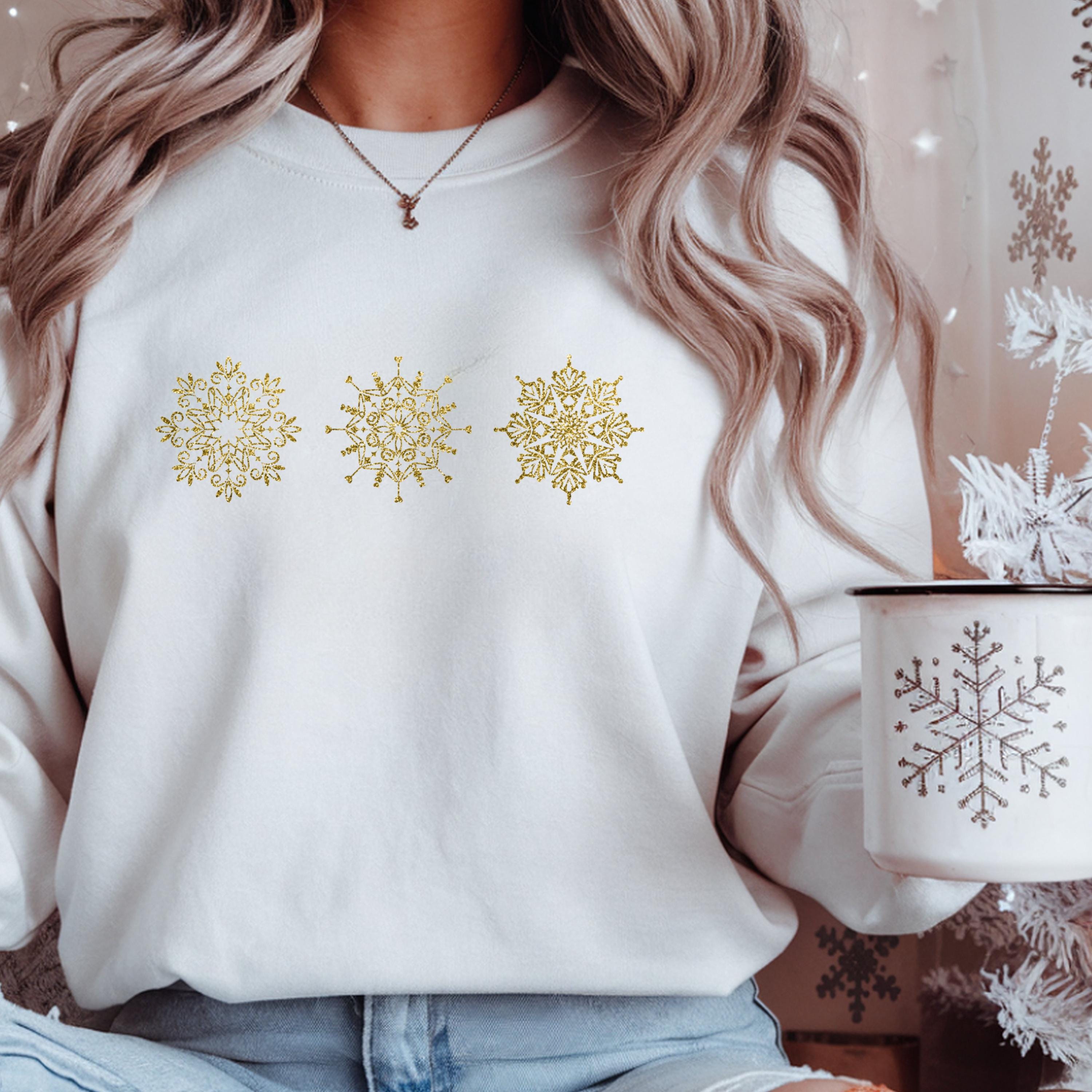 Minimalist Gold Snowflake Sweatshirt - Pink Winter Crewneck Gift for Women - Cozy Holiday Pullover