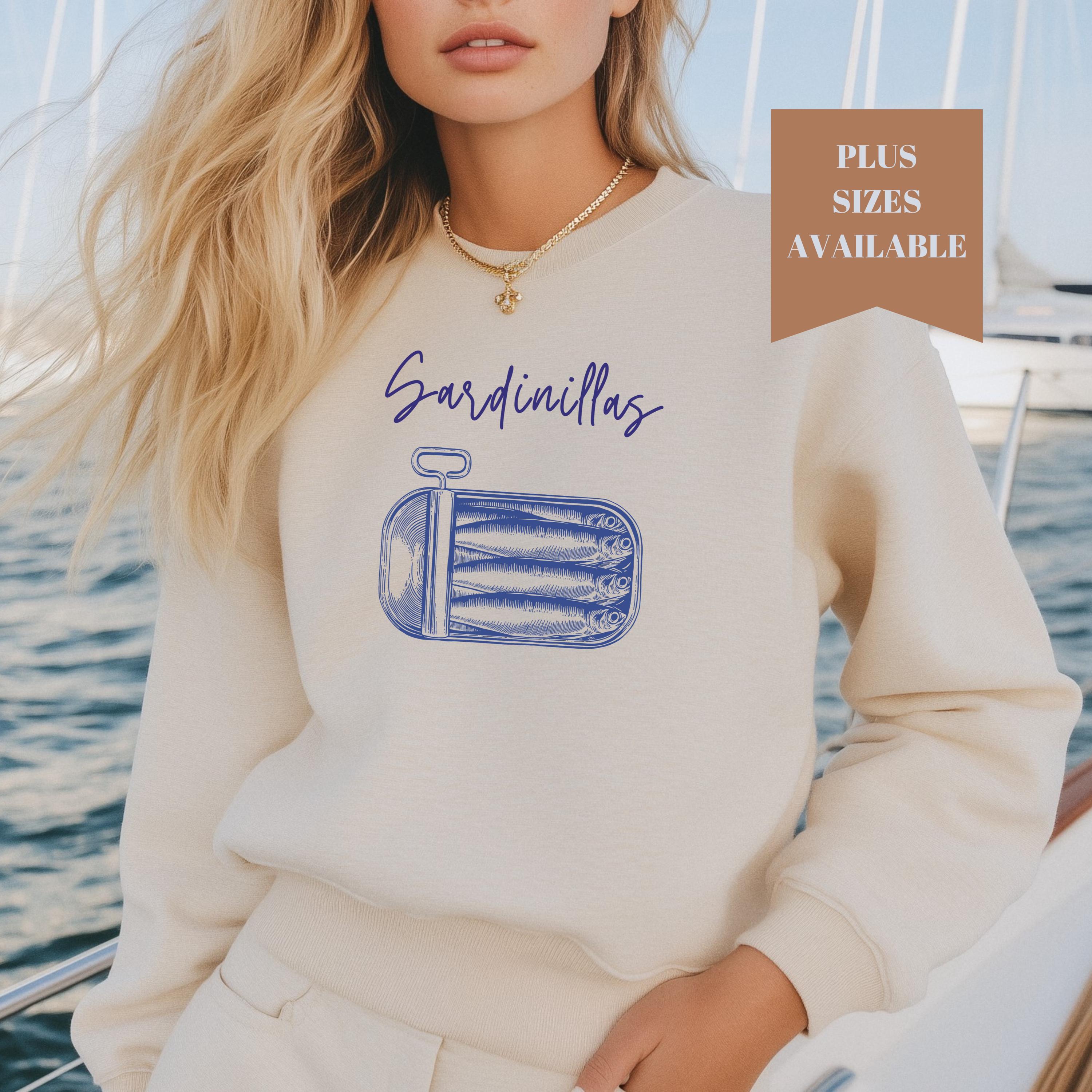 Trendy Canned Sardine Fish Style Sweatshirt, Spanish Sardines Shirt, Sardinillas Tin Shirt For Her, Marine Lover Gift, Sea-Themed Sweater