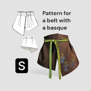 May include: A brown belt with a basque, featuring a green tie and blue floral embroidery. The image includes a line drawing of the belt and the text "Pattern for a belt with a basque". A black square with the letter "S" is also present.