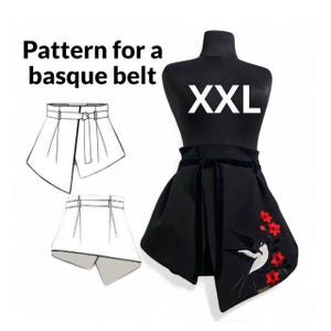 May include: Black basque belt pattern on a mannequin, size XXL. The belt features a wrap design with a black velvet tie and an embroidered bird and red flower design. The image also includes line drawings of the belt.