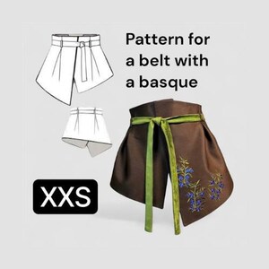 May include: A brown belt with a basque, featuring a green sash and blue floral embroidery. The image includes a pattern diagram and the text "Pattern for a belt with a basque" and "XXS".