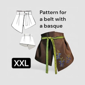 Könnte beinhalten: Ein brauner Gürtel mit einer Baske, mit grüner Krawatte und blauer Blumenstickerei. Das Bild enthält eine Zeichnung des Gürteldesigns und den Text "Pattern for a belt with a basque" und "XXL".