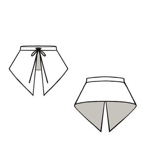 May include: A technical fashion illustration showing two views of a white, pointed-hem skirt. The left view features a front waistband with a black drawstring tie closure, while the right view displays the skirt from a slightly angled perspective.