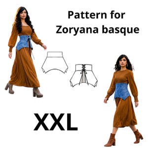 May include: Image features a brown dress with a blue corset-style belt. The text reads "Pattern for Zoryana basque" and "XXL". Two line drawings of the basque are also shown. A woman is wearing the dress and belt.