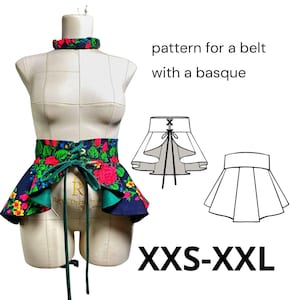 Peut inclure: Une ceinture à motif floral avec une basque, présentée sur un mannequin. La ceinture présente un mélange vibrant de fleurs rouges, roses et jaunes sur un fond bleu foncé. Le texte "pattern for a belt with a basque" et "XXS-XXL" sont également visibles.