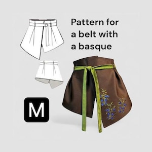 Puede incluir: Un cinturón marrón con una basque, con una faja verde y bordados florales azules. La imagen incluye un diagrama de patrón y el texto "Pattern for a belt with a basque". También hay un cuadrado negro con la letra "M".