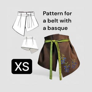 Puede incluir: Un cinturón marrón con una basque, con lazo verde y bordado floral azul. La imagen incluye un diagrama del diseño del cinturón y un indicador de talla "XS".