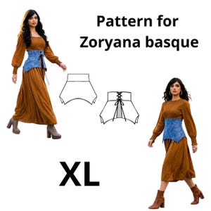 Könnte beinhalten: Ein Bild zeigt eine Frau in einem langen braunen Kleid mit einem blauen Korsettgürtel. Der Text "Pattern for Zoryana basque" ist zu sehen, zusammen mit einer Kleidungsdiagramm und der Größe "XL".