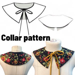 May include: Image of a collar pattern with a white collar design and a floral collar design. The floral collar is black with red, yellow, and green flowers. The text "Collar pattern" is in black.