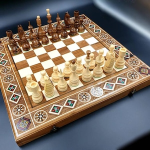 Handmade Wooden Chess Set with Inlaid Chessboard, 3-in-1 Chess, Checkers, Backgammon. Unique Chess Board Gift for Chess Lovers, Gift for Him