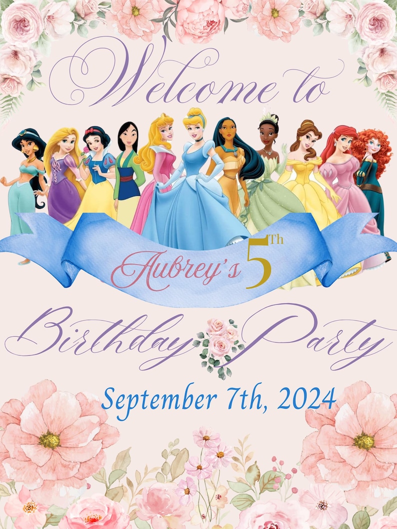 Welcome Princesses Disney Princess Birthday Welcome Sign – Custom Printable Party Poster ...
