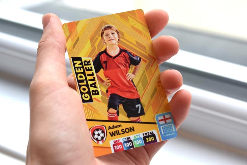Personalised football trading card. Perfect for football fans. Personalise with your image, name, team, nationality & stats! Soccer card.
