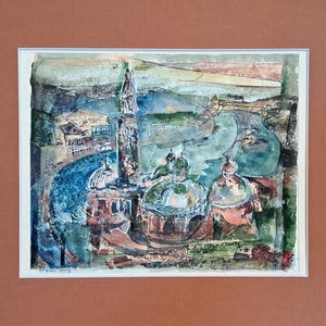 Venice, Wax-Watercolor, Harald Kauffmann, 1968, signed, painting, art lovers, gift, home decor, Italy
