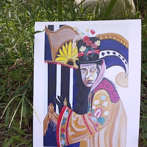 May include: A colorful illustration of a person wearing a large, ornate hat with a black base and a yellow, red, and white design. The person is wearing a long, yellow robe with floral embroidery and a red sash. The background is a dark blue and black striped pattern.