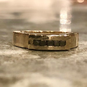 Five black diamonds in the rough on gold ring image 4