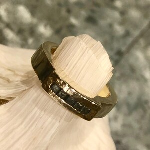 以下が含まれることがあります： バンドに黒い石が並んだシルバーのリングです。