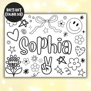 Può includere: Una pagina da colorare in bianco e nero con il nome "Sophia" in un carattere audace e giocoso. La pagina è piena di vari disegni carini e alla moda, tra cui cuori, stelle, fiori, un segno di pace, un viso sorridente e la frase "Good Vibes".