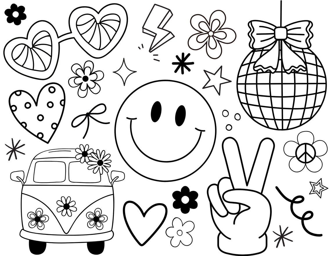Cute Doodles Coloring Sheet, Whimsical Fun Coloring Sheet, Coquette ...