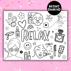 May include: Black and white line art illustration with the word "RELAX" and beauty-related doodles. Includes images of a face mask, lipstick, perfume, and a smiley face. A black circle with "INSTANT DOWNLOAD" is in the top right corner.