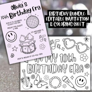 BIRTHDAY ERA BUNDLE, Editable Party Invitation and In My 10th Birthday Era Coloring Sheet, 10th Birthday, Party Favors Activity, Swiftie