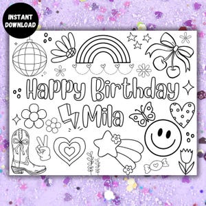 EDITIERBARE Happy Birthday Name Malseite, wunderlich lustige süße Malseite, fügen Sie Ihren eigenen Namen hinzu, kokette Smiley Daisy Disco Ball Färbung