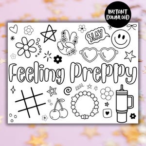 Könnte beinhalten: Schwarz-Weiß-Illustration mit dem Text "Feeling Preppy" und verschiedenen Kritzeleien, darunter Blumen, Sterne, ein Friedenszeichen, herzförmige Sonnenbrillen und ein Smiley. Das Bild enthält auch den Text "SLAY" und "INSTANT DOWNLOAD".
