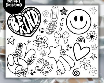 BE KIND Coloring Sheet, Whimsical Fun Cute Coloring Page, Coquette Smiley Daisy Groovy Coloring Sheet For Kids, Tween Teen Girlie Activity