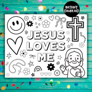 May include: Black and white line art printable with the text "JESUS LOVES ME", a smiley face, heart, cross, flowers, and an illustration of Jesus. The image is labelled "INSTANT DOWNLOAD" in a black circle.