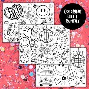 Lot de feuilles à colorier fantaisistes, super mignons pour enfants, cadeaux, activité pour enfants, smileys souriants, boules disco, pages à colorier pour filles