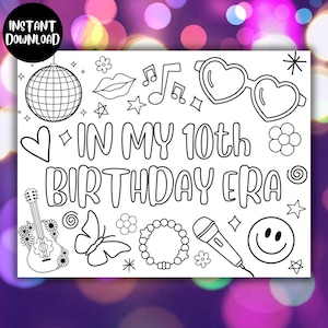 In My 10th Birthday Era Coloring Sheet Printable, Taylor Inspired Coloring Pages, Swiftie Birthday Party Favors, Cute Doodles, Girlie Tween