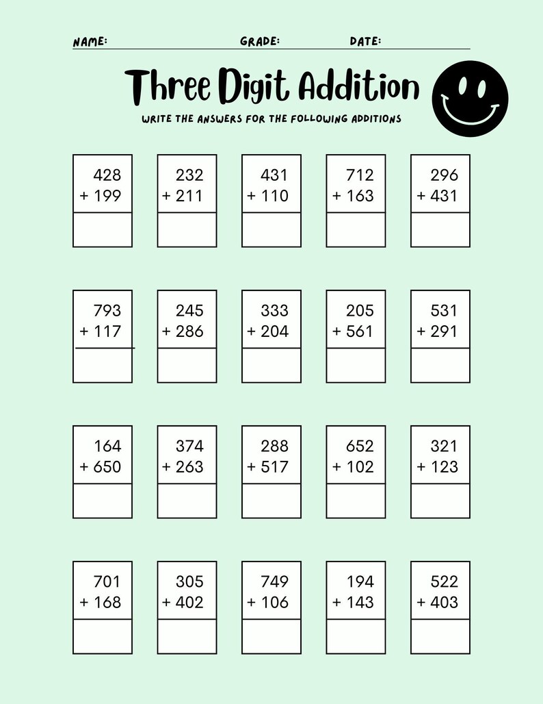 Three Digit Addition Math Worksheet Packet, 2nd 3rd 4th Grade Math ...