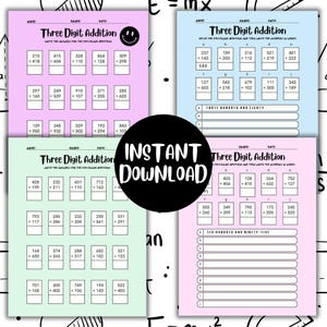 May include: Three printable worksheets for practicing three-digit addition. Each worksheet has a pink and green color scheme and features a smiley face at the top. The worksheets are titled "Three Digit Addition".