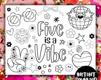 Five Is A Vibe, Super Cute Preppy Birthday Coloring Sheet, Coloring Page For 5th Birthday, Party Favors, Smiley Groovy Disco Ball Aesthetic