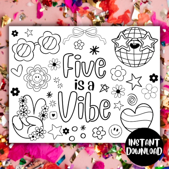 Five Is A Vibe, Super Cute Preppy Birthday Coloring Sheet, Coloring Page For 5th Birthday, Party Favors, Smiley Groovy Disco Ball Aesthetic
