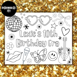May include: A black and white coloring page with the text "Lexie's 10th Birthday Era". The page features various images including a disco ball, heart-shaped sunglasses, a butterfly, a guitar, a microphone, a smiley face, and flowers.
