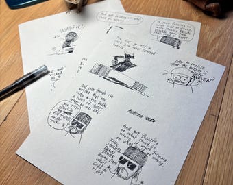 May include: Hand-drawn sketches on paper with black ink, featuring cartoon figures and handwritten text. The sketches are on a wooden surface, with a pen and a small chipmunk nearby. The text includes phrases like "Stealing BRAIN POWER" and "You gotta visualize the full process of the trick."