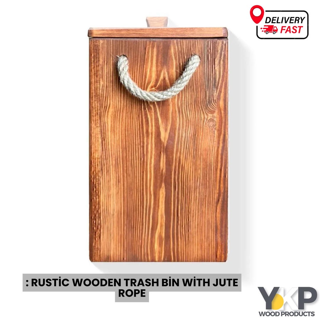 Rustic Wooden Trash Bin With Jute Rope – Decorative Wooden Waste Basket ...