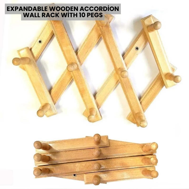 Expandable Wooden Accordion Wall Rack: Rustic Coat Hanger With 10 Pegs ...