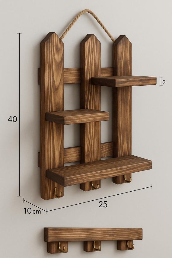 Handmade Wooden Key Holder With Shelf and Decorative Door Hanging